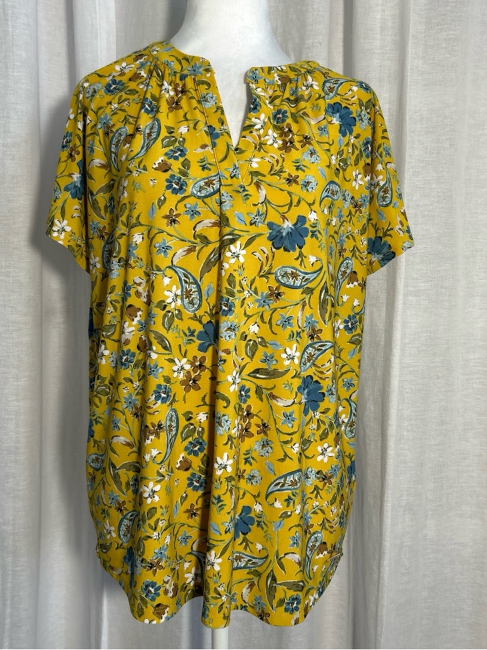 Jones New York Mustard Floral Split V-Neck Blouse